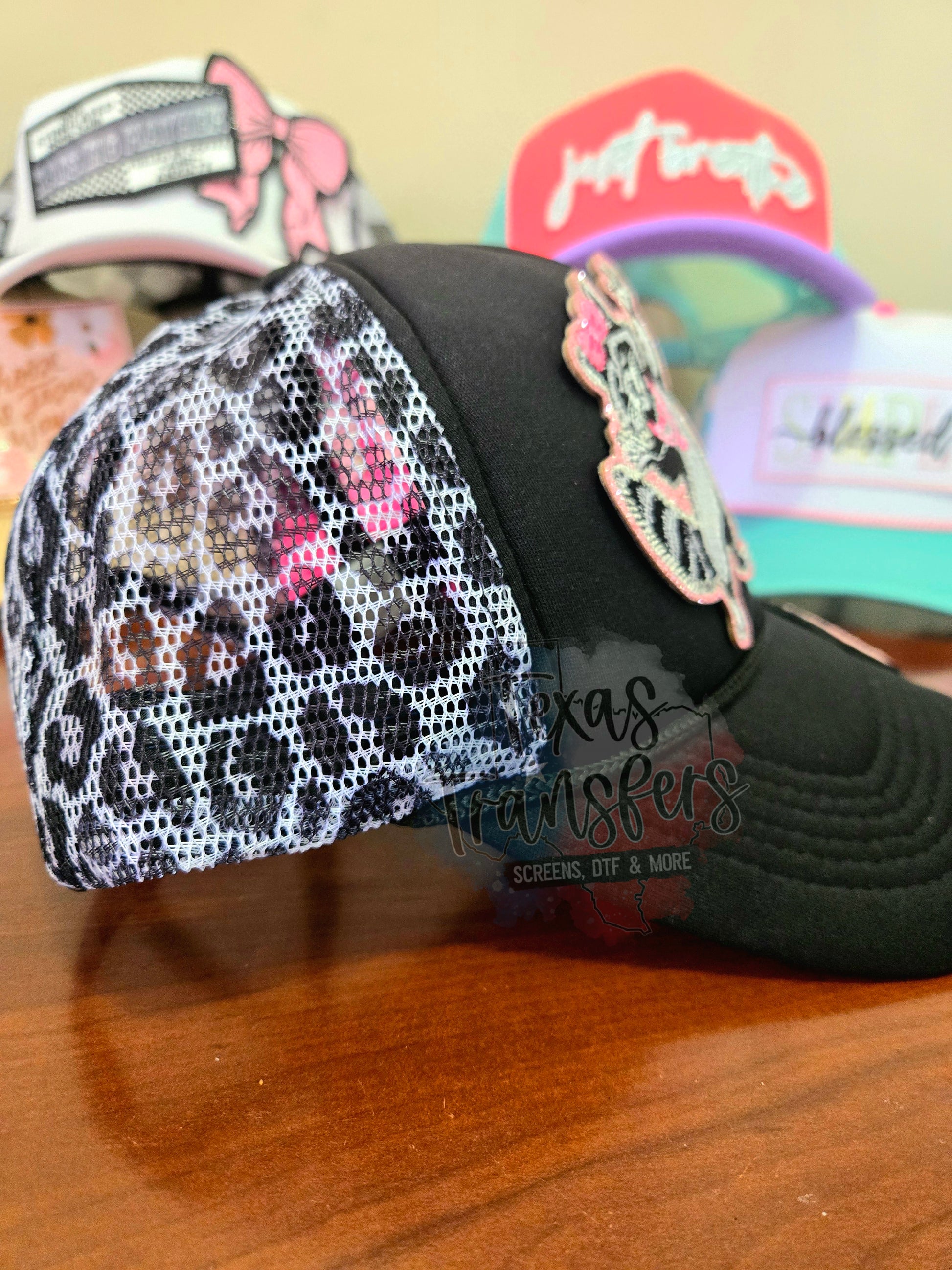 Black/Black Leopard Mesh Trucker Hat - Texas Transfers and Designs