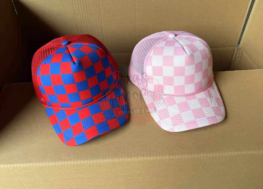 PRE-ORDER Arriving 4/21 Red/Blue Checker Front Trucker Hat - Texas Transfers and Designs