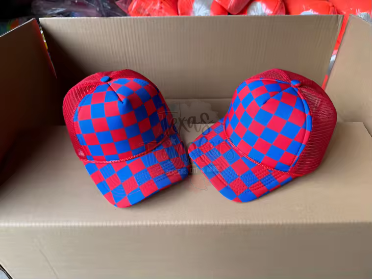PRE-ORDER Arriving 4/21 Red/Blue Checker Front Trucker Hat - Texas Transfers and Designs