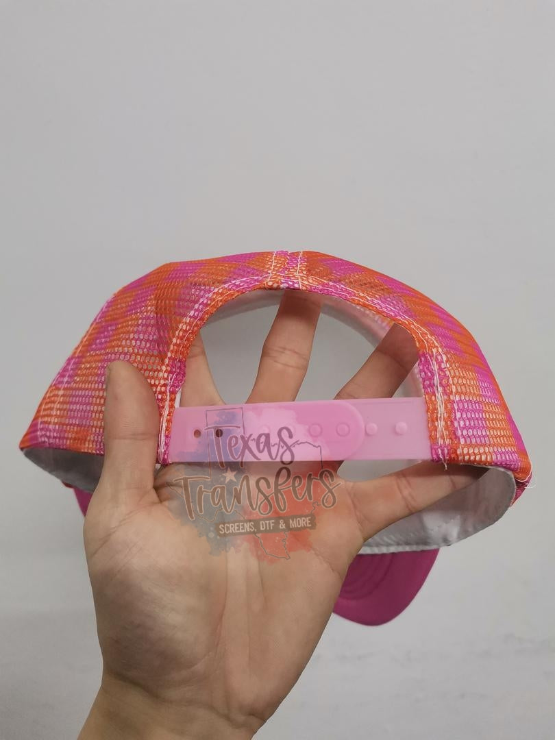 PRE-ORDER Arriving 4/18 Pink/Orange Checker Trucker Hat - Texas Transfers and Designs