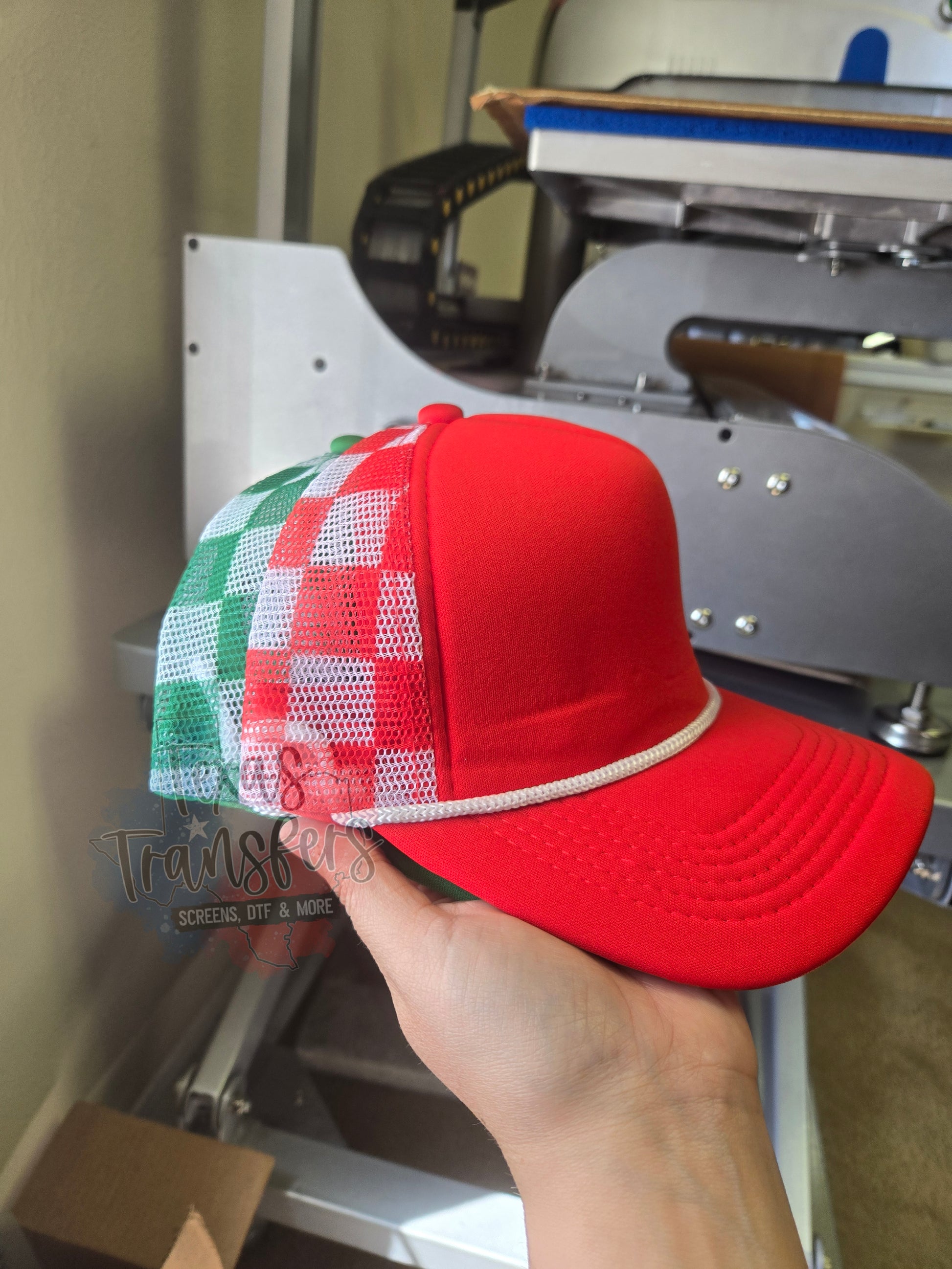 Green Checker Trucker Hat - Texas Transfers and Designs