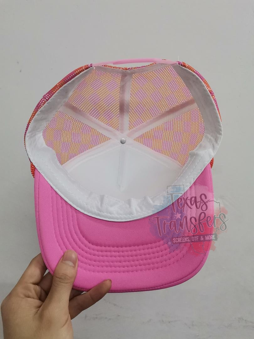 PRE-ORDER Arriving 4/18 Pink/Orange Checker Trucker Hat - Texas Transfers and Designs