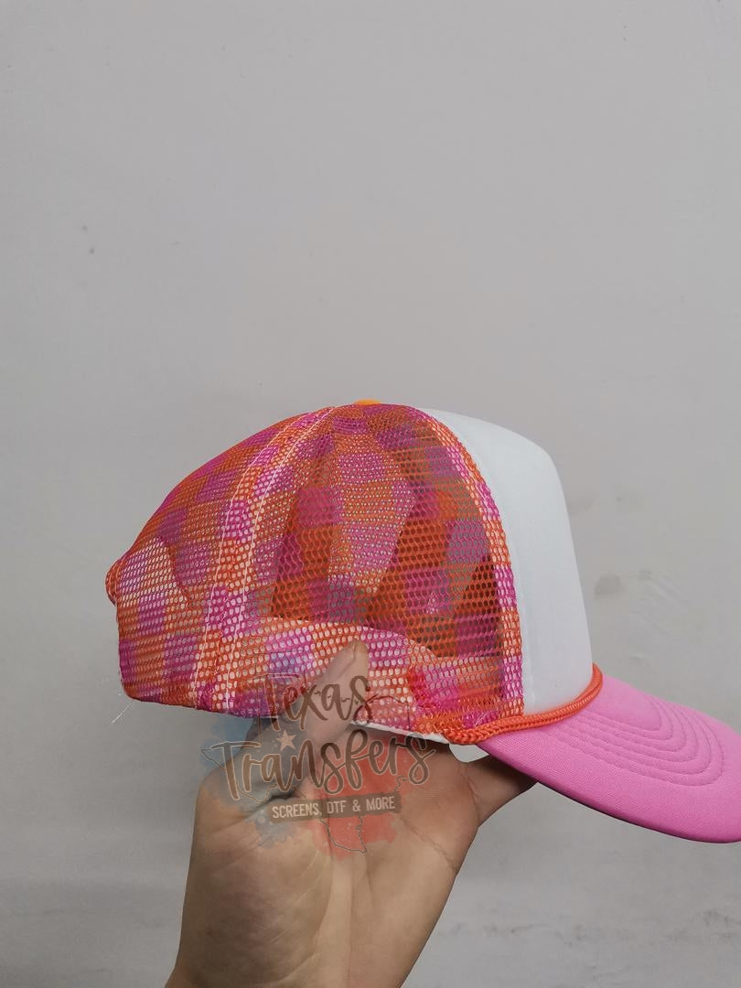 PRE-ORDER Arriving 4/18 Pink/Orange Checker Trucker Hat - Texas Transfers and Designs
