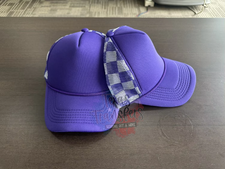 Pre-Order Arriving 5/9 Purple Checker Trucker Hat - Texas Transfers and Designs