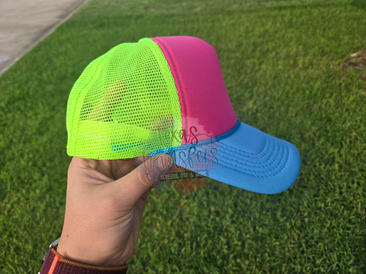 Hot Pink/Neon Green/Light Blue Brim Trucker Hat - Texas Transfers and Designs