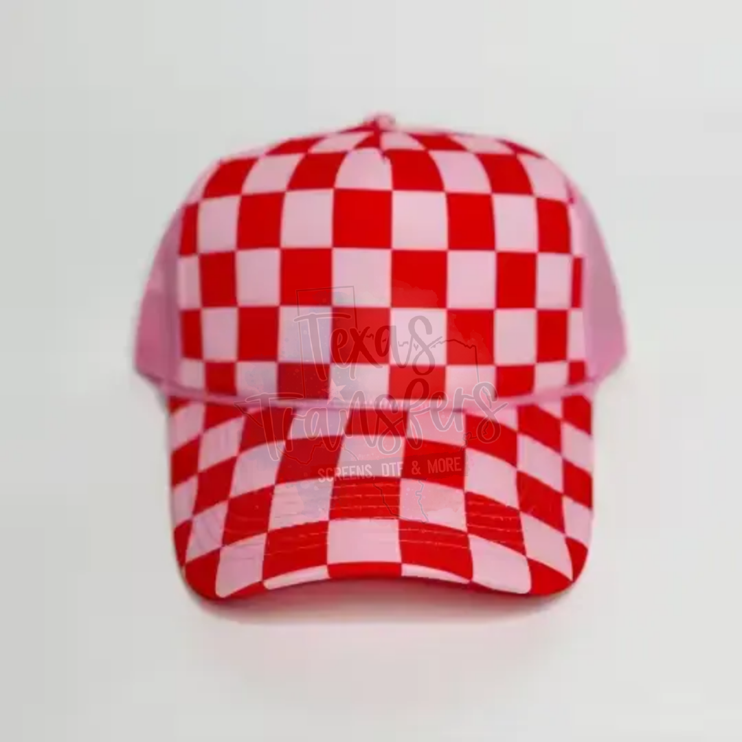 PRE-ORDER Arriving 4/21 Red/Pink Checker Front Trucker Hat - Texas Transfers and Designs