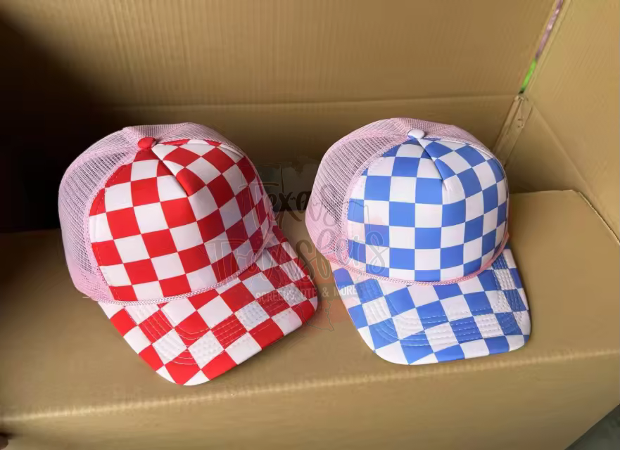 PRE-ORDER Arriving 4/21 Red/Pink Checker Front Trucker Hat - Texas Transfers and Designs