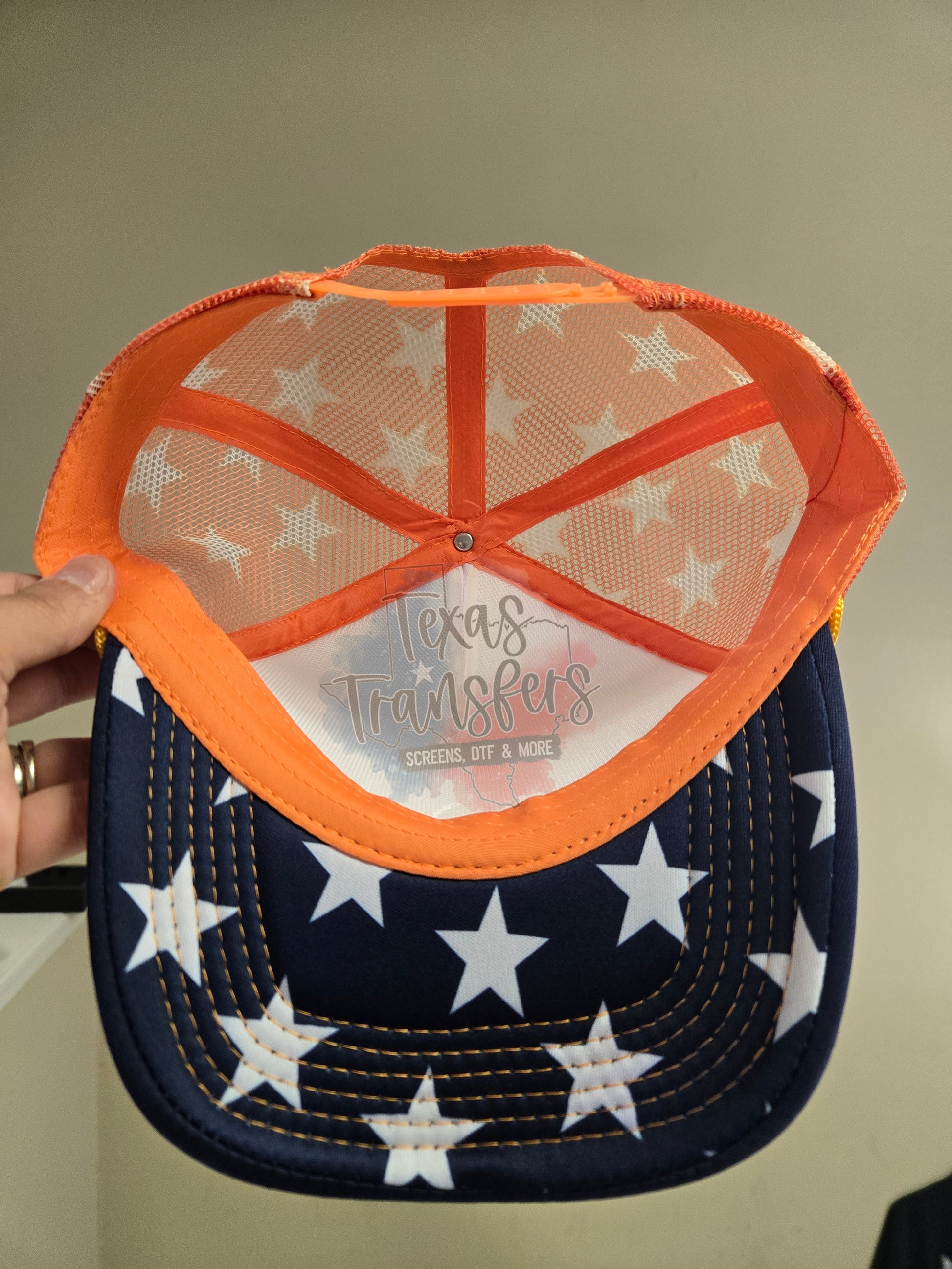 Navy/Orange Checker Trucker Hat - Texas Transfers and Designs