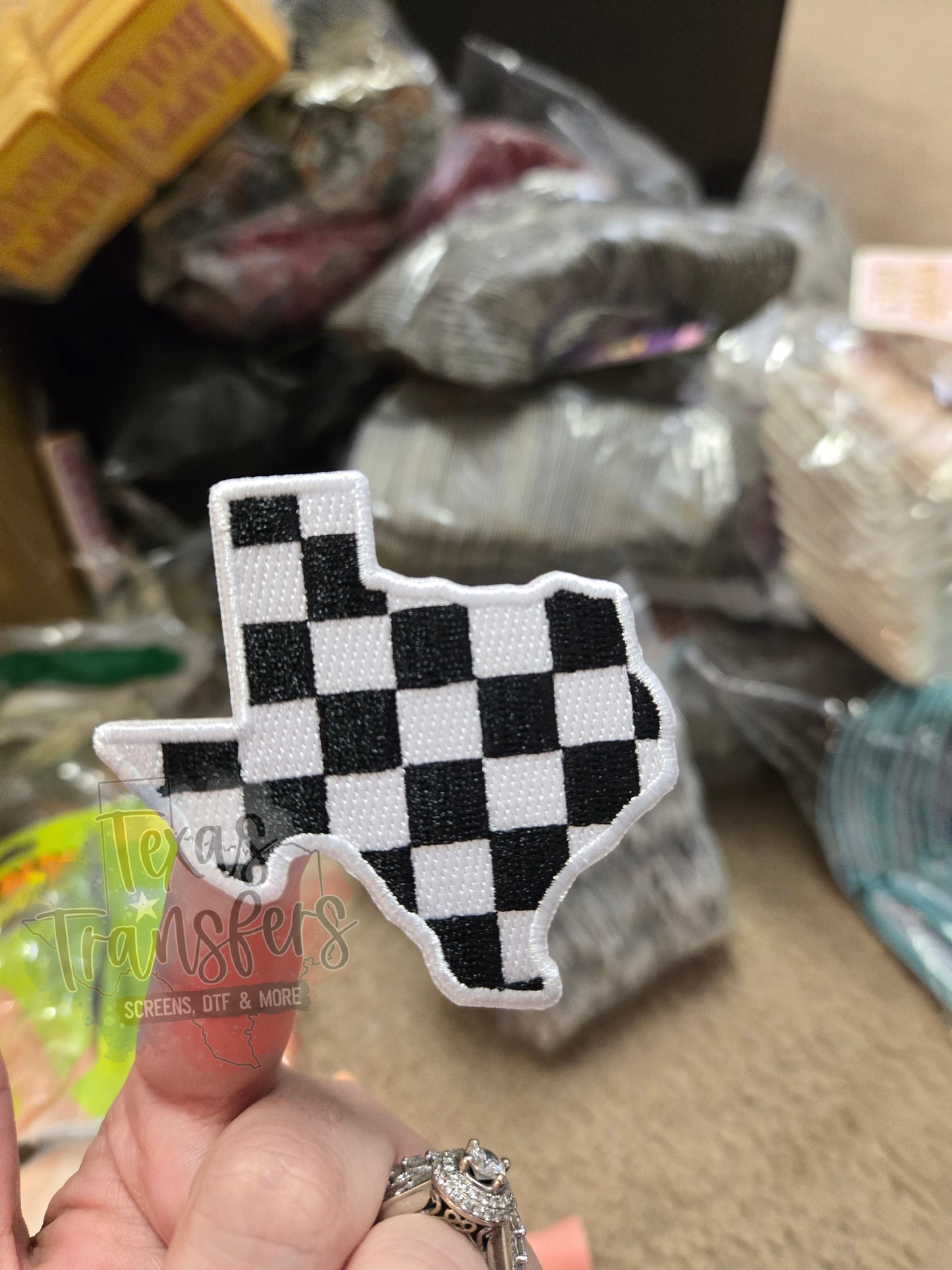 Black Checker Texas Iron-On PATCH - Texas Transfers and Designs
