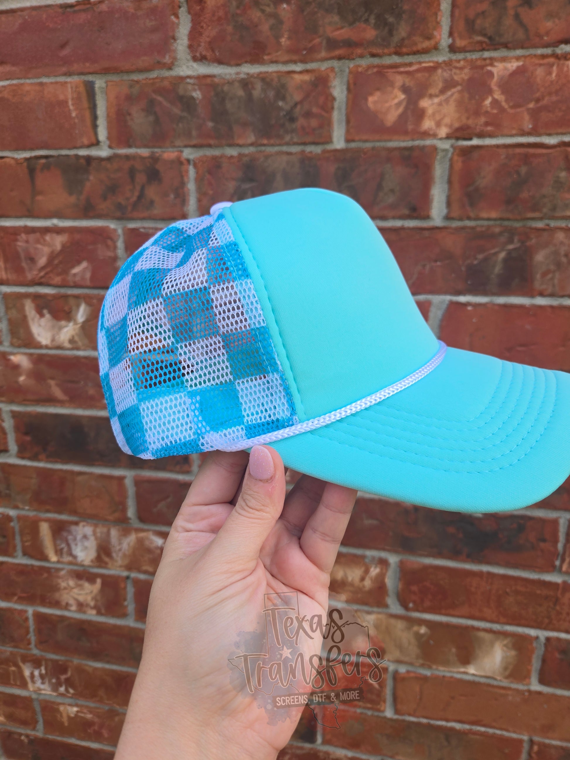 Aqua Checker Back Trucker Hat - Texas Transfers and Designs