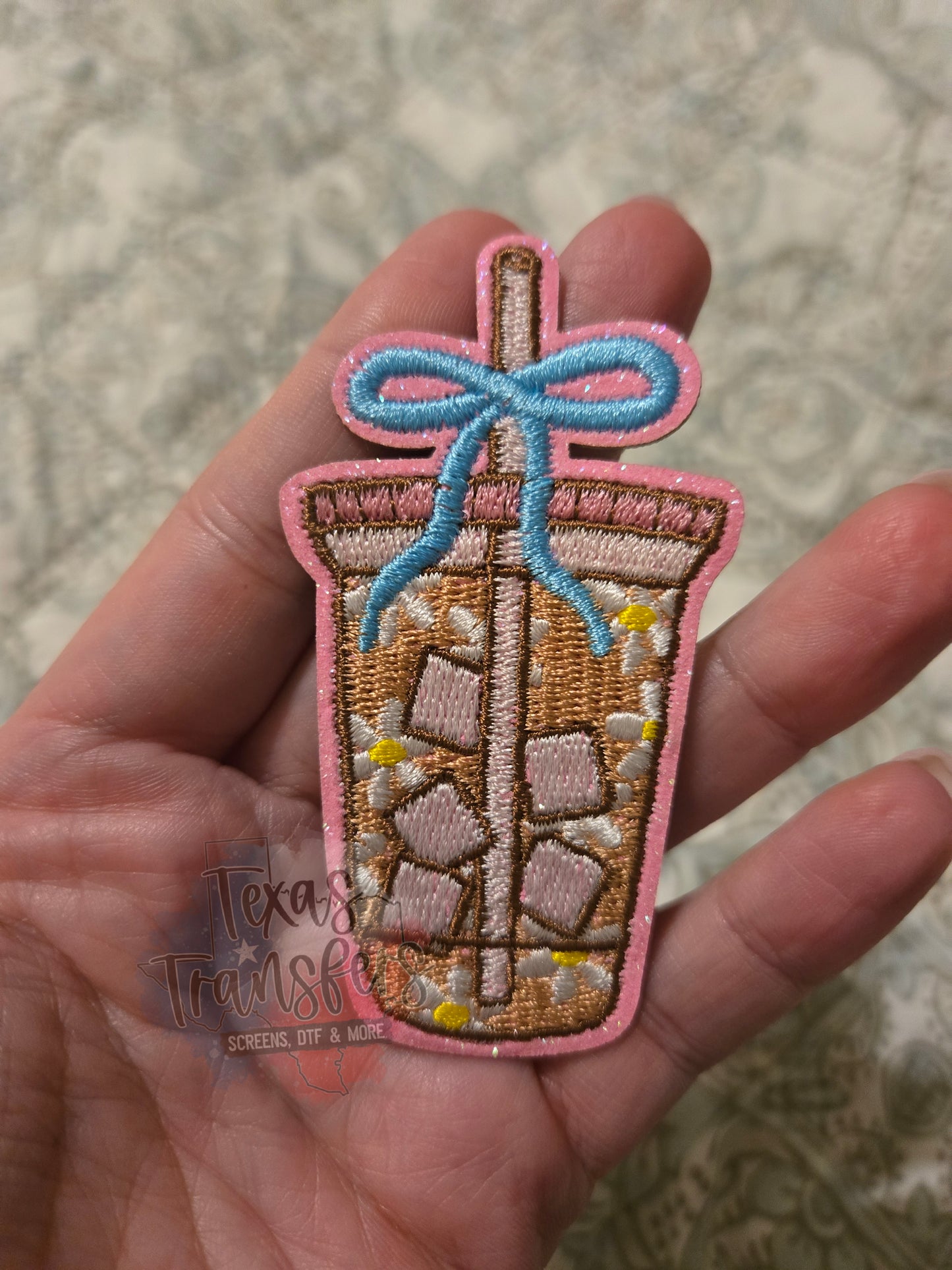 Iced Coffee Bow Daisies Iron-On PATCH - Texas Transfers and Designs
