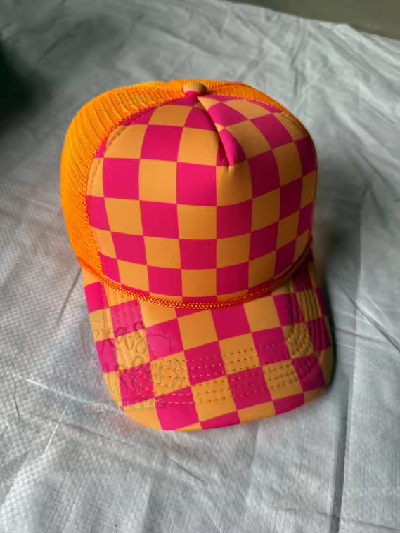 PRE-ORDER Arriving 4/18 Pink/Orange Checker Front Trucker Hat - Texas Transfers and Designs