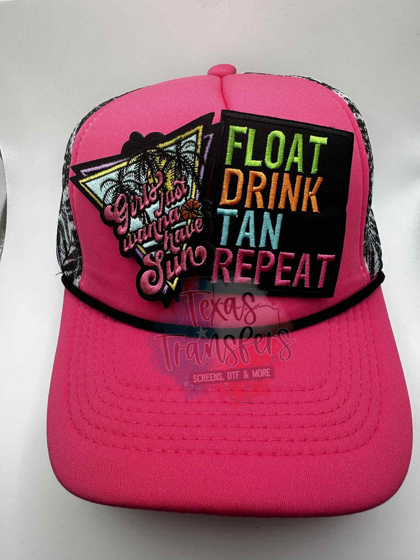 Pink/Black Palm Mesh Trucker Hat - Texas Transfers and Designs