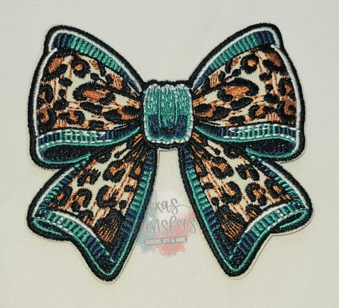 Teal Leopard Bow Iron-On Patch - Texas Transfers and Designs