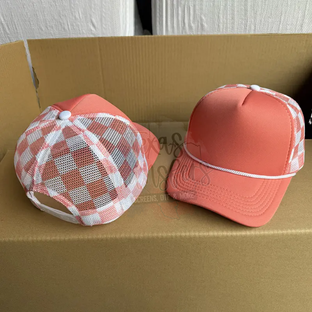 PRE-ORDER Arriving 4/21 Coral Checker Trucker Hat - Texas Transfers and Designs