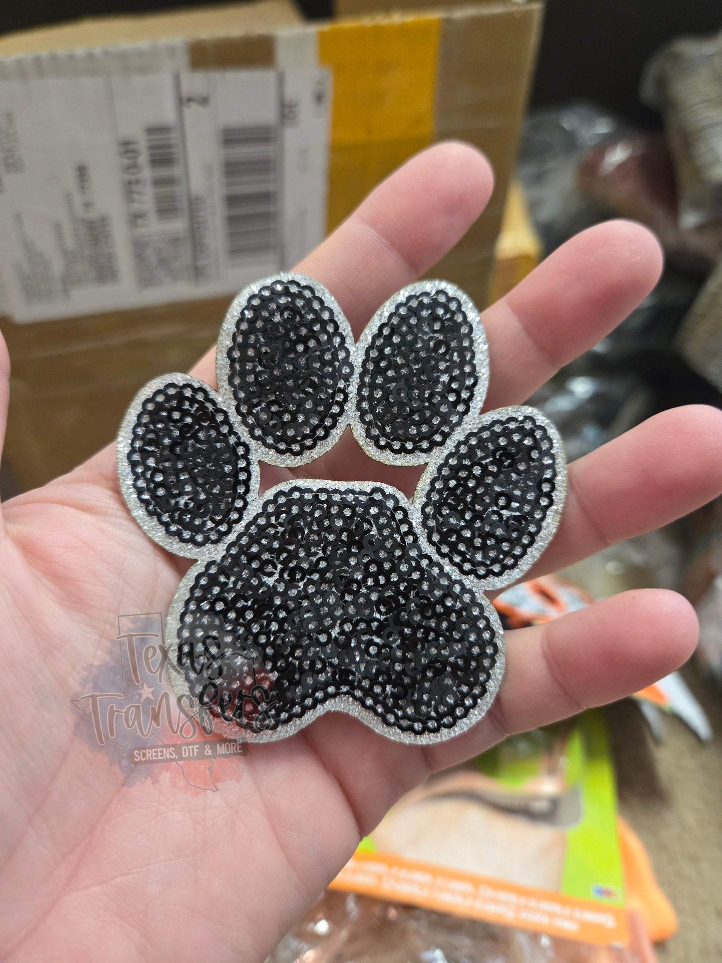 Black Sequin Paw Iron-On PATCH - Texas Transfers and Designs