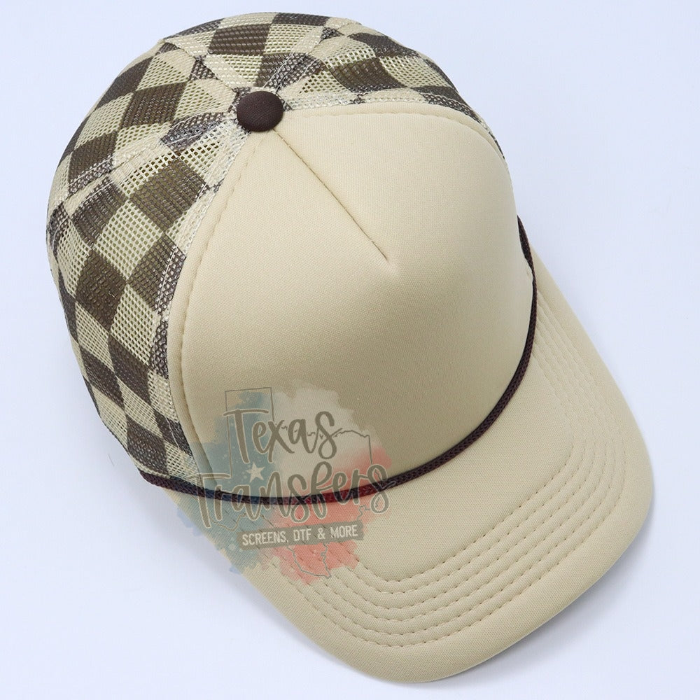 PRE-ORDER Arriving 4/3 Brown/Tan Checker Back Trucker Hat - Texas Transfers and Designs