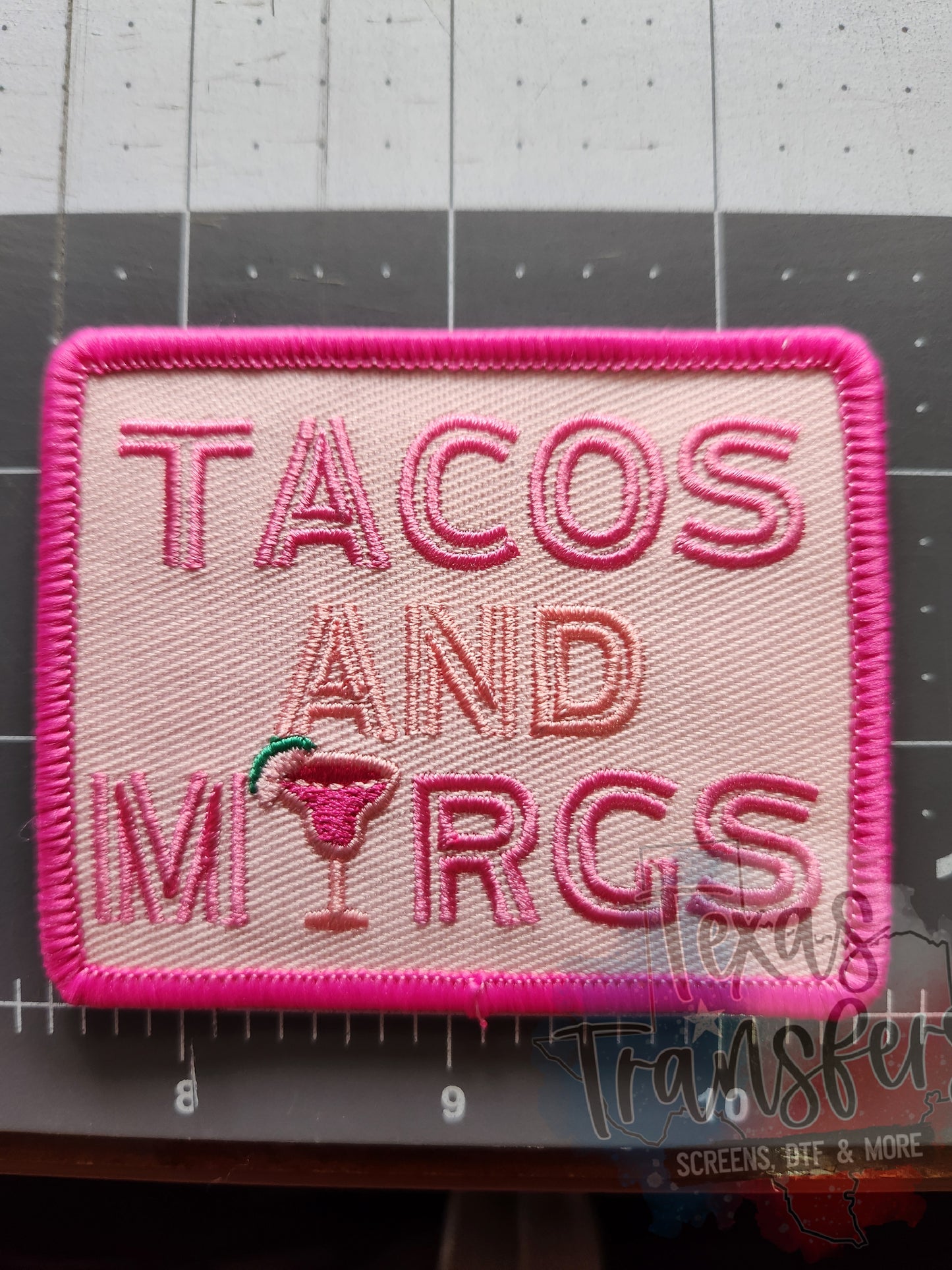 Tacos and Margs Pink Iron-On Patch - Texas Transfers and Designs