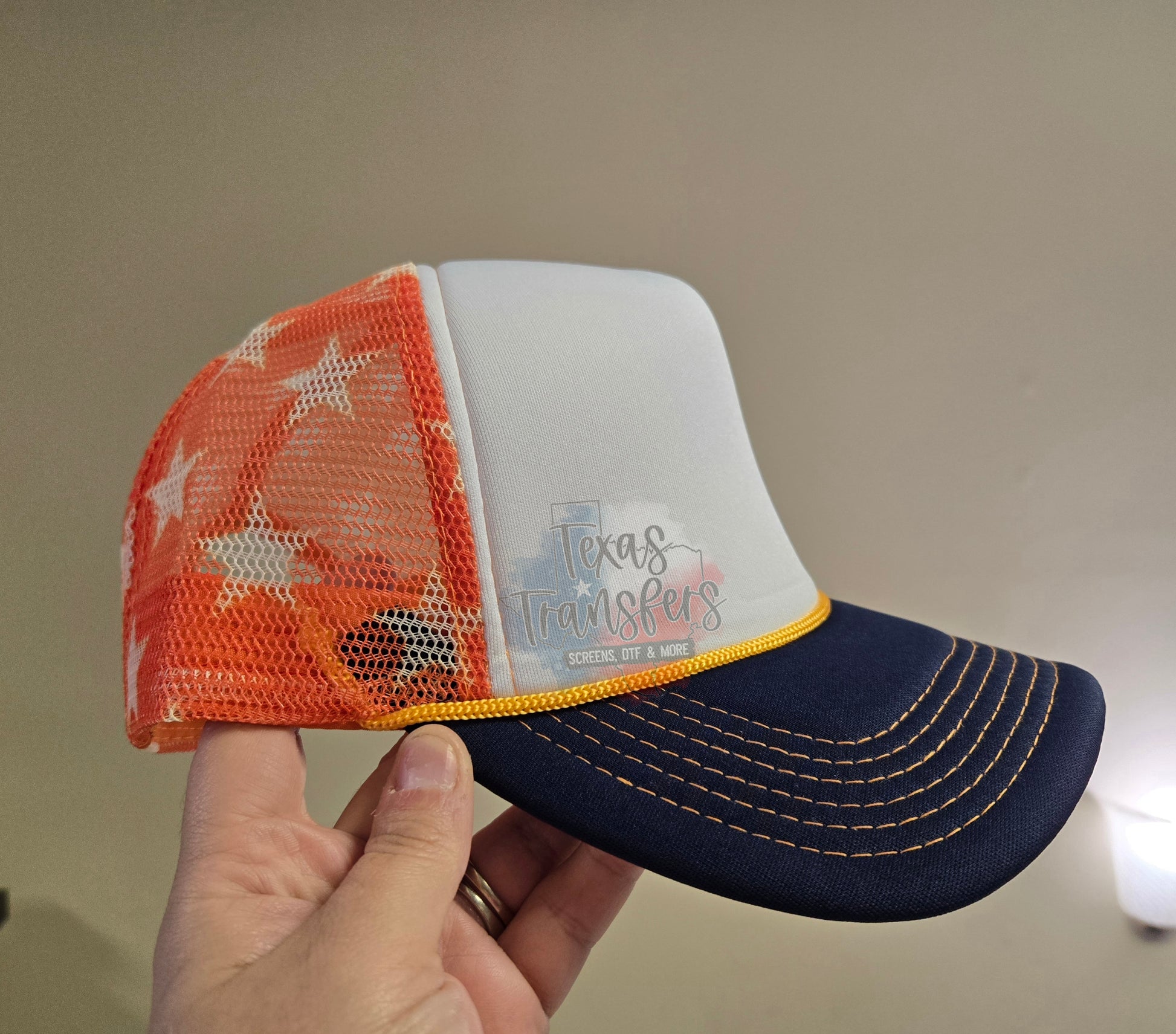 Navy/Orange Checker Trucker Hat - Texas Transfers and Designs