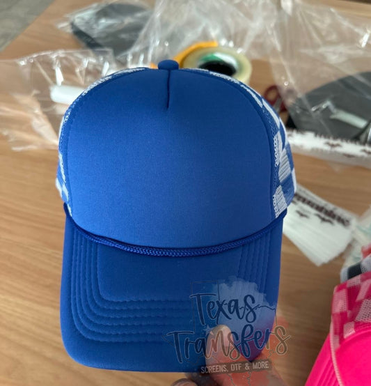Pre-Order Arriving 5/9 Royal Blue Checker Trucker Hat - Texas Transfers and Designs