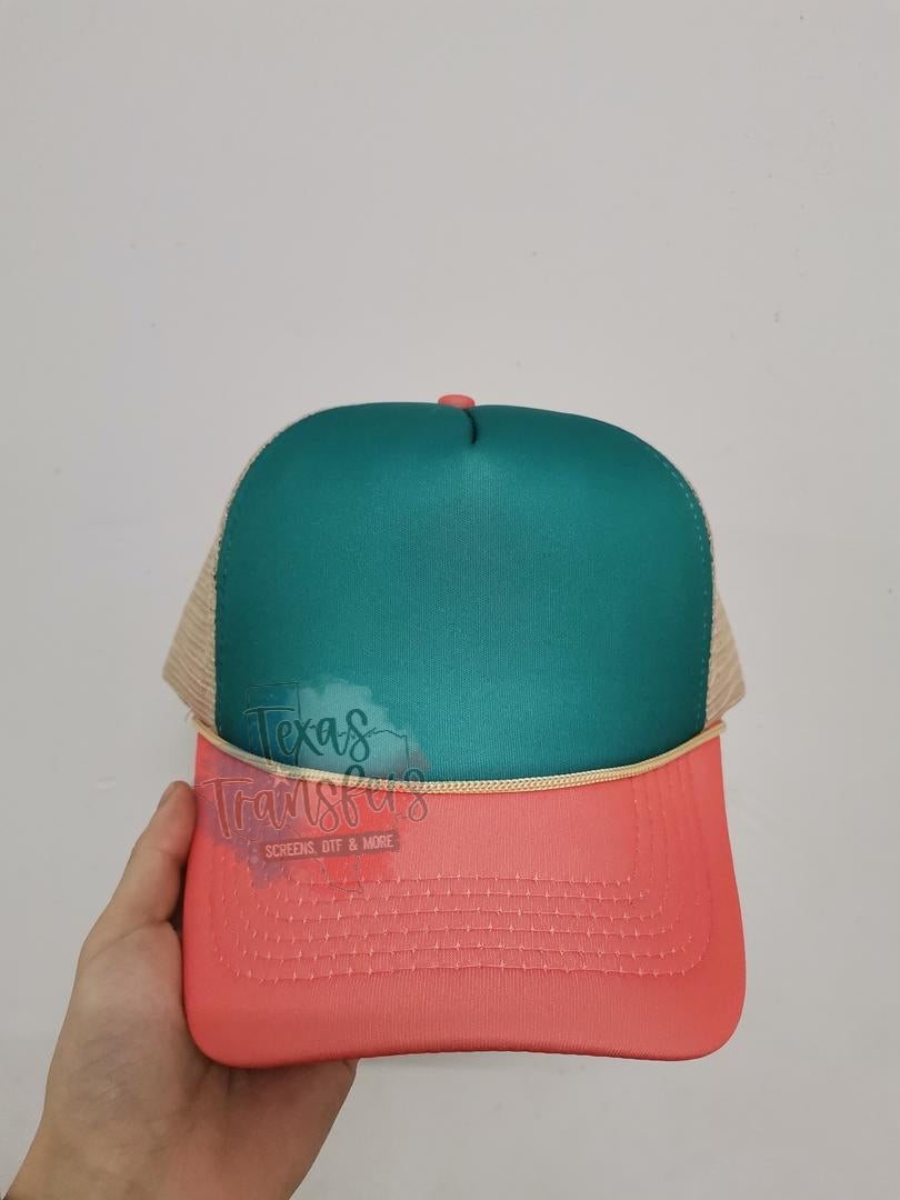 PRE-ORDER Arriving 4/18 Coral/Teal/Tan Tri-Color Trucker Hat - Texas Transfers and Designs