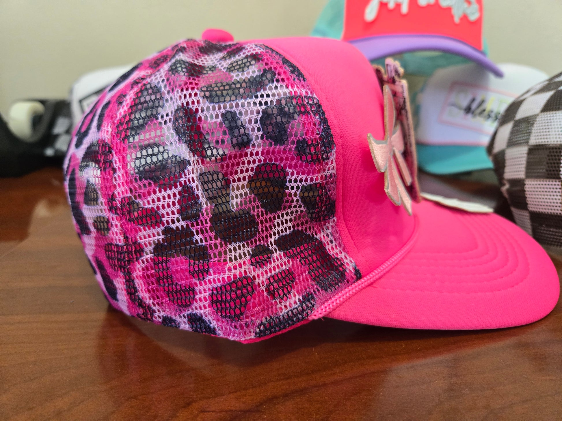 Dark Pink/Black Leopard Mesh Trucker Hat - Texas Transfers and Designs