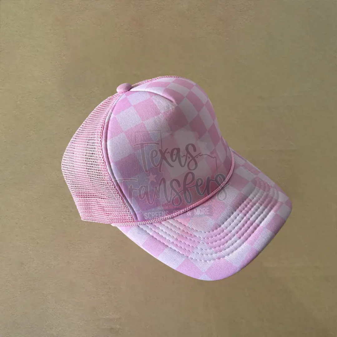 PRE-ORDER Arriving 4/18 Light Pink Checker Front Trucker Hat - Texas Transfers and Designs