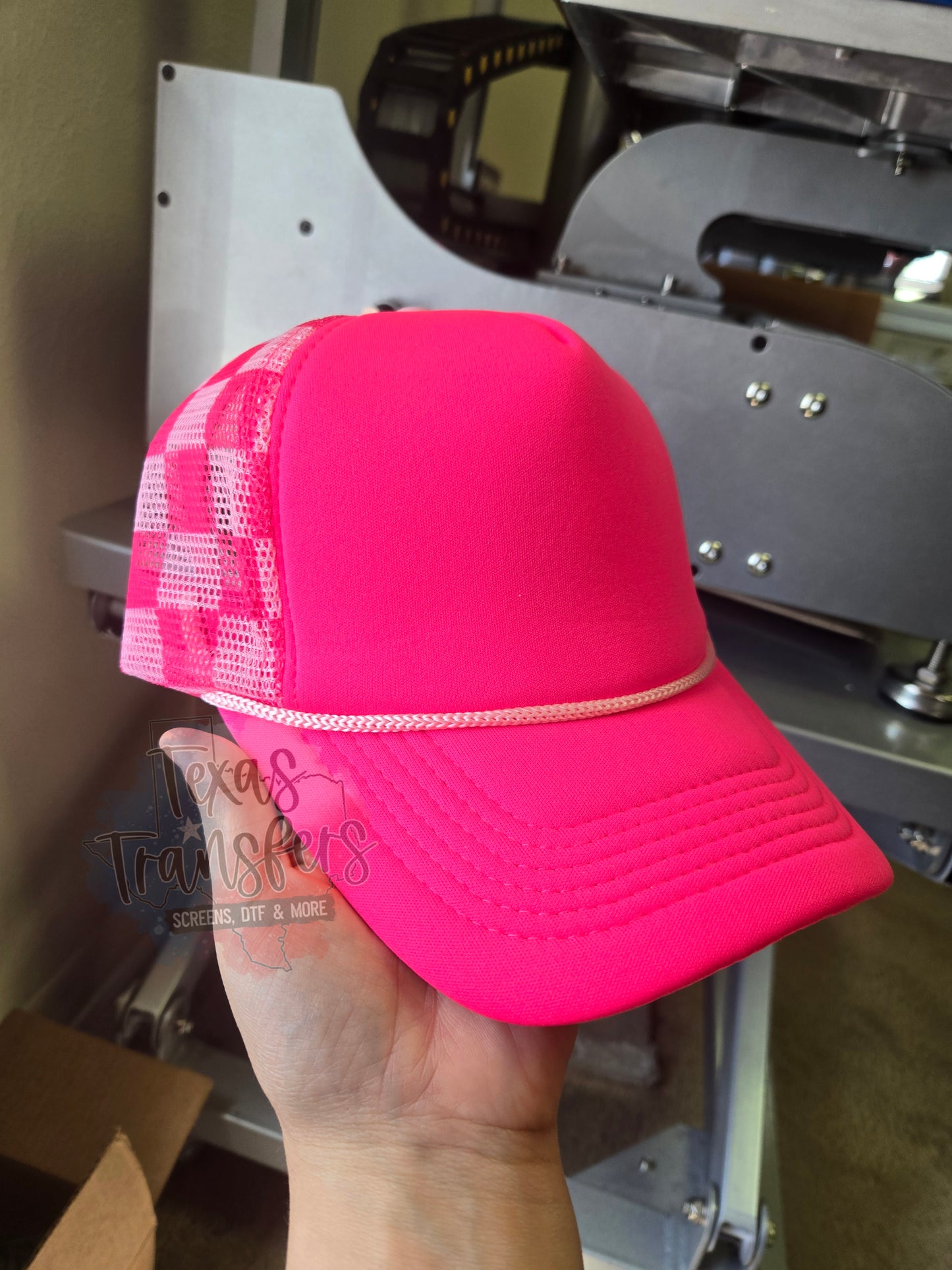 Neon Pink Checker Trucker Hat - Texas Transfers and Designs