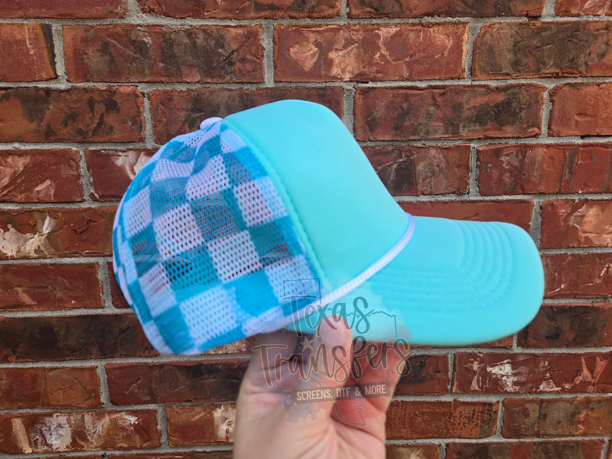 Aqua Checker Back Trucker Hat - Texas Transfers and Designs
