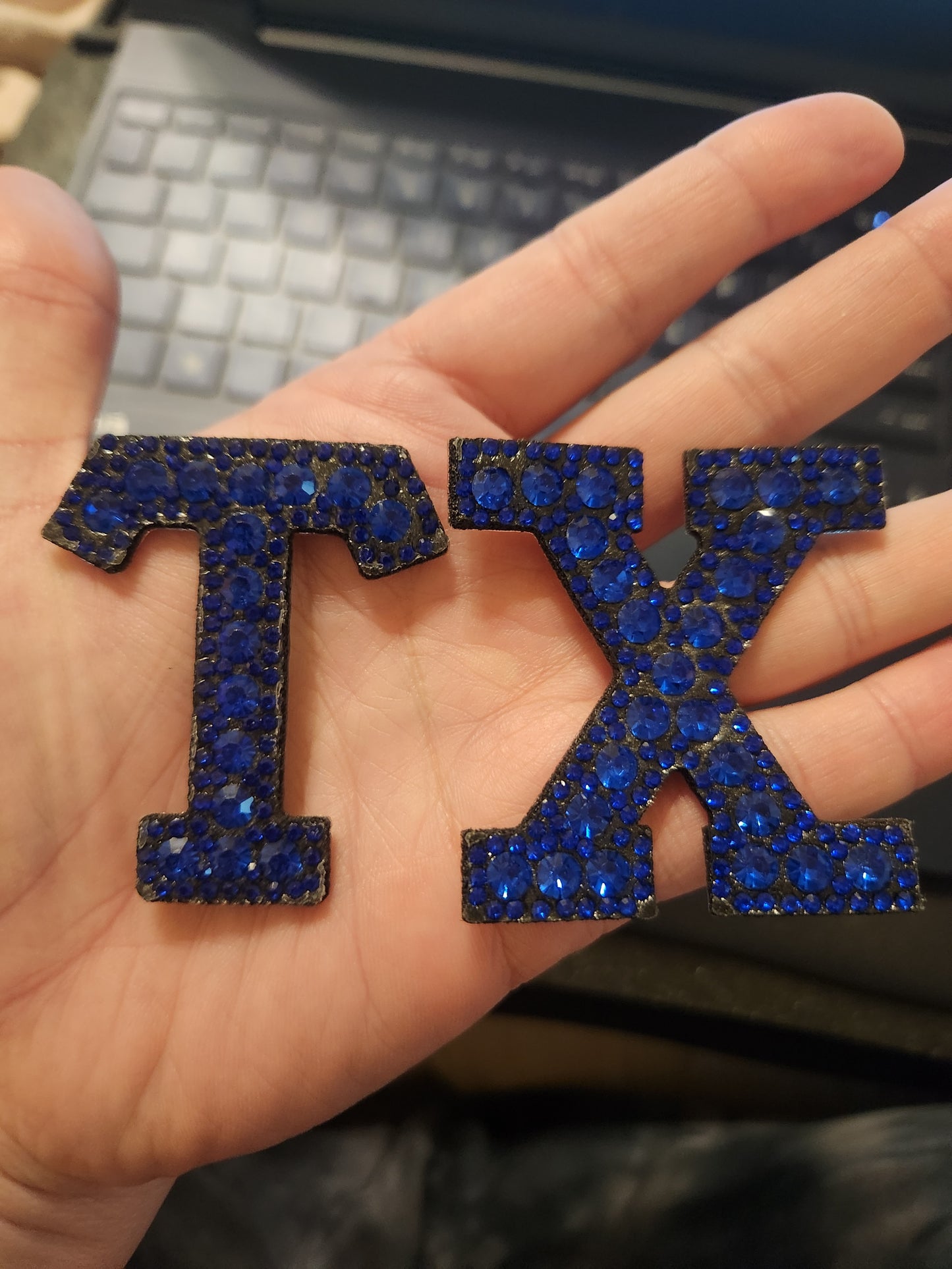 Orange/Blue Rhinestone Letters (Iron-On) - Texas Transfers and Designs