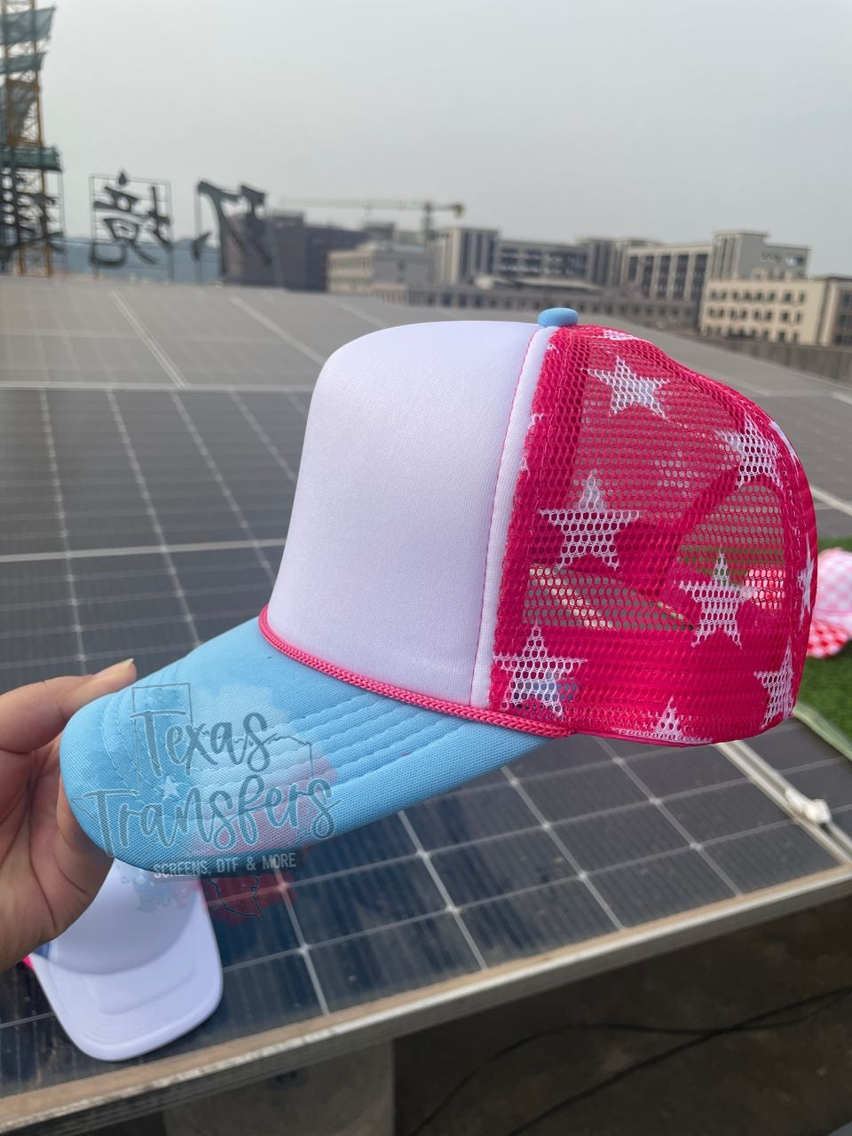 Hot Pink Star/Light Blue Trucker Hat - Texas Transfers and Designs