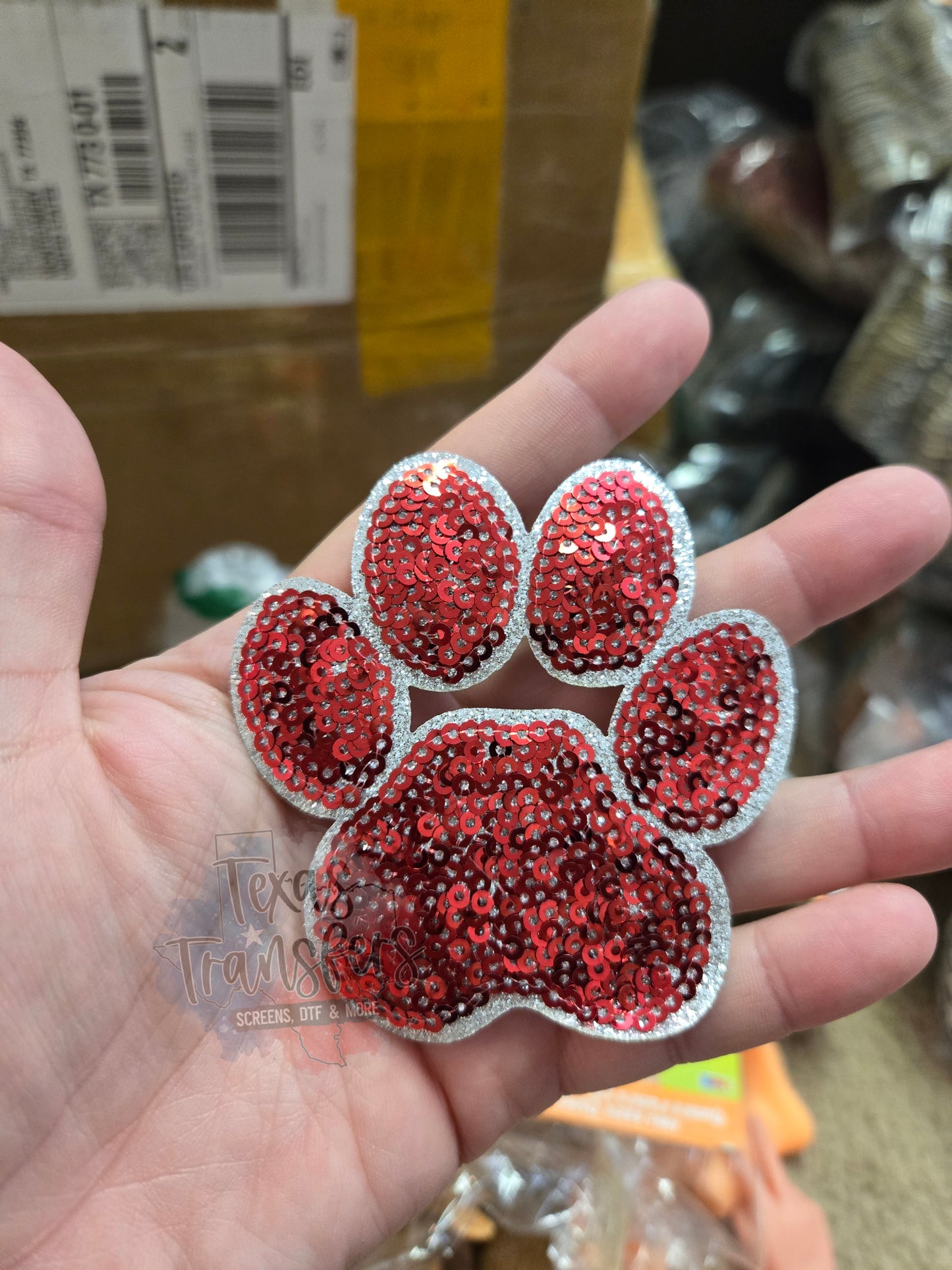 Red Sequin Paw Iron-On PATCH - Texas Transfers and Designs