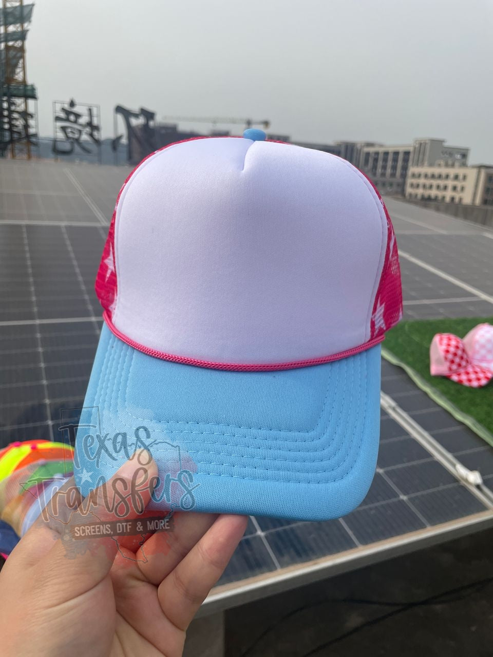 Hot Pink Star/Light Blue Trucker Hat - Texas Transfers and Designs