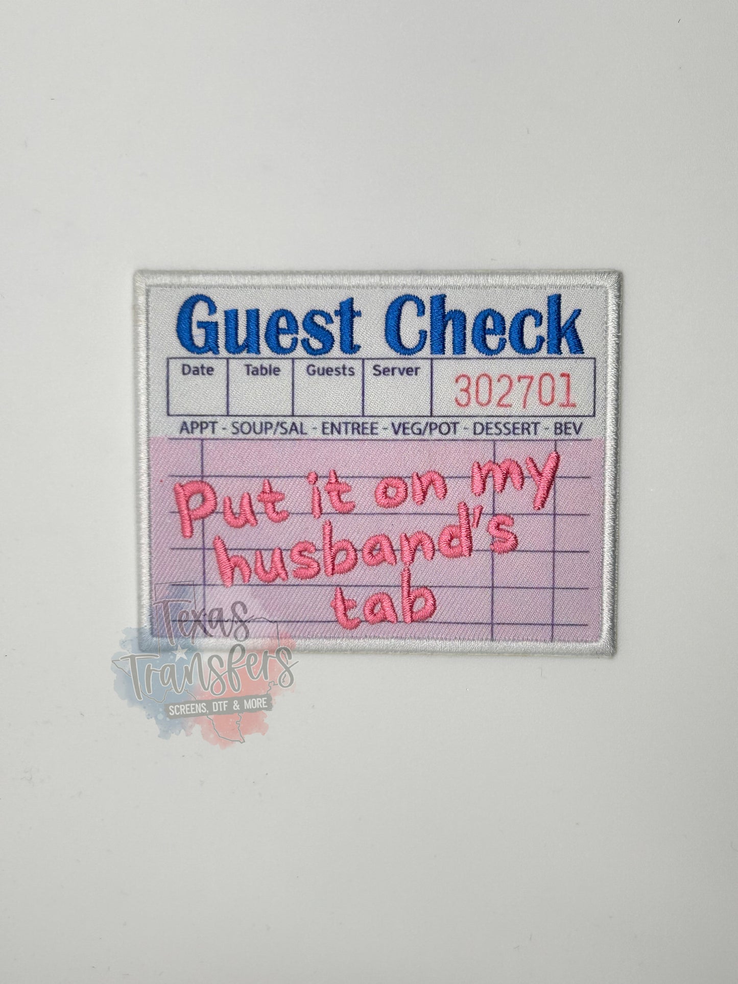 Put It On My Husband's Tab/Guest Check Iron-On PATCH - Texas Transfers and Designs