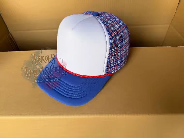 PRE-ORDER Arriving 5/2 Blue Plaid Mesh Trucker Hat - Texas Transfers and Designs