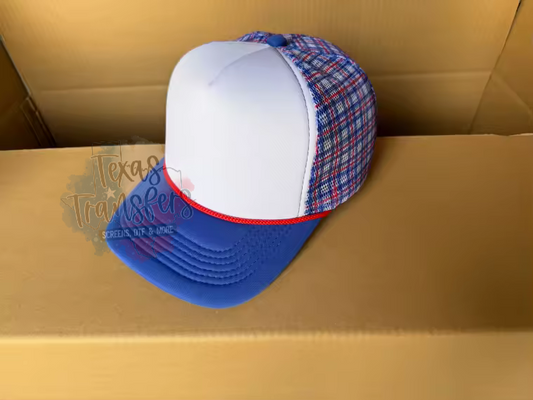 PRE-ORDER Arriving 5/2 Blue Plaid Mesh Trucker Hat - Texas Transfers and Designs
