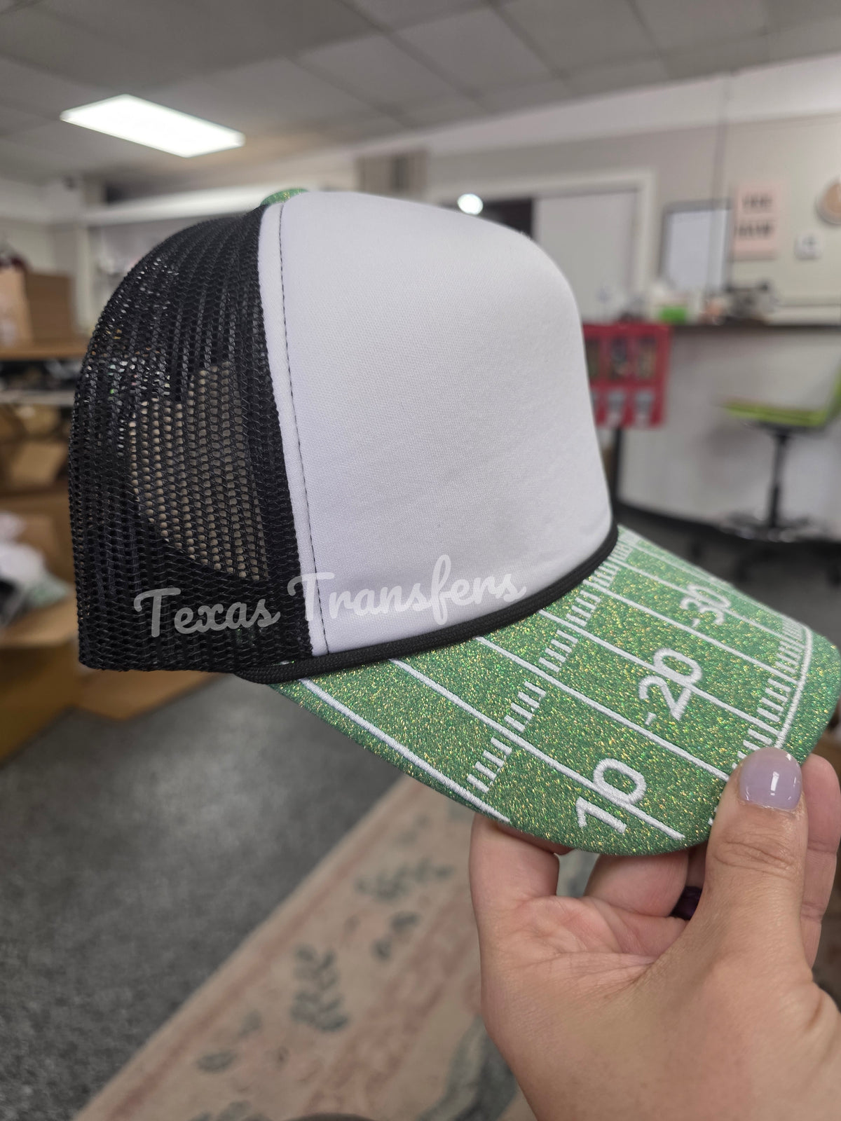Black Embroidered Glitter Football Brim Premium Trucker Hat *EXCLUSIVE*