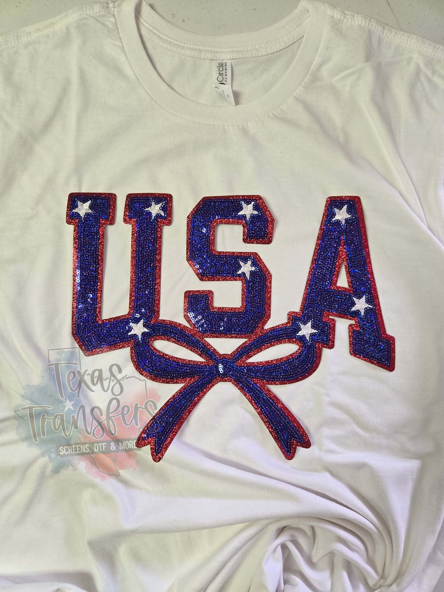 USA Bow Sequin/Glitter XL Iron-On PATCH - Texas Transfers and Designs