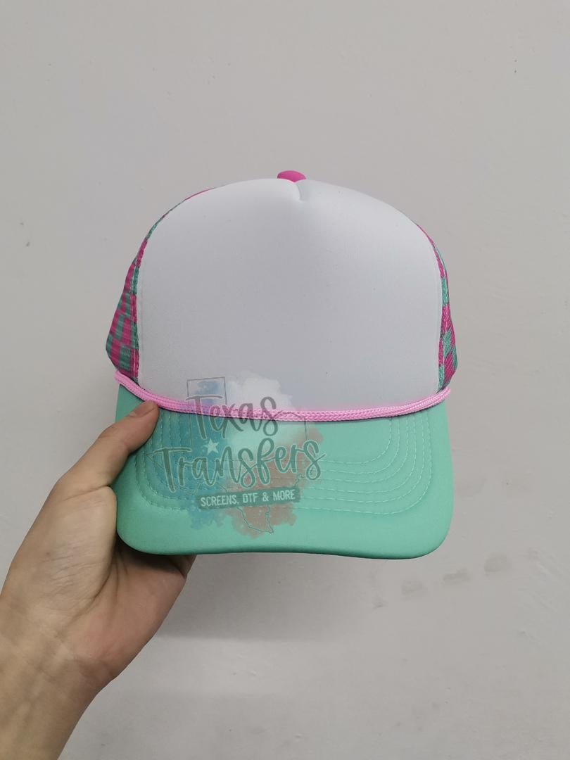 PRE-ORDER Arriving 4/18 Pink/Green Checker Trucker Hat - Texas Transfers and Designs