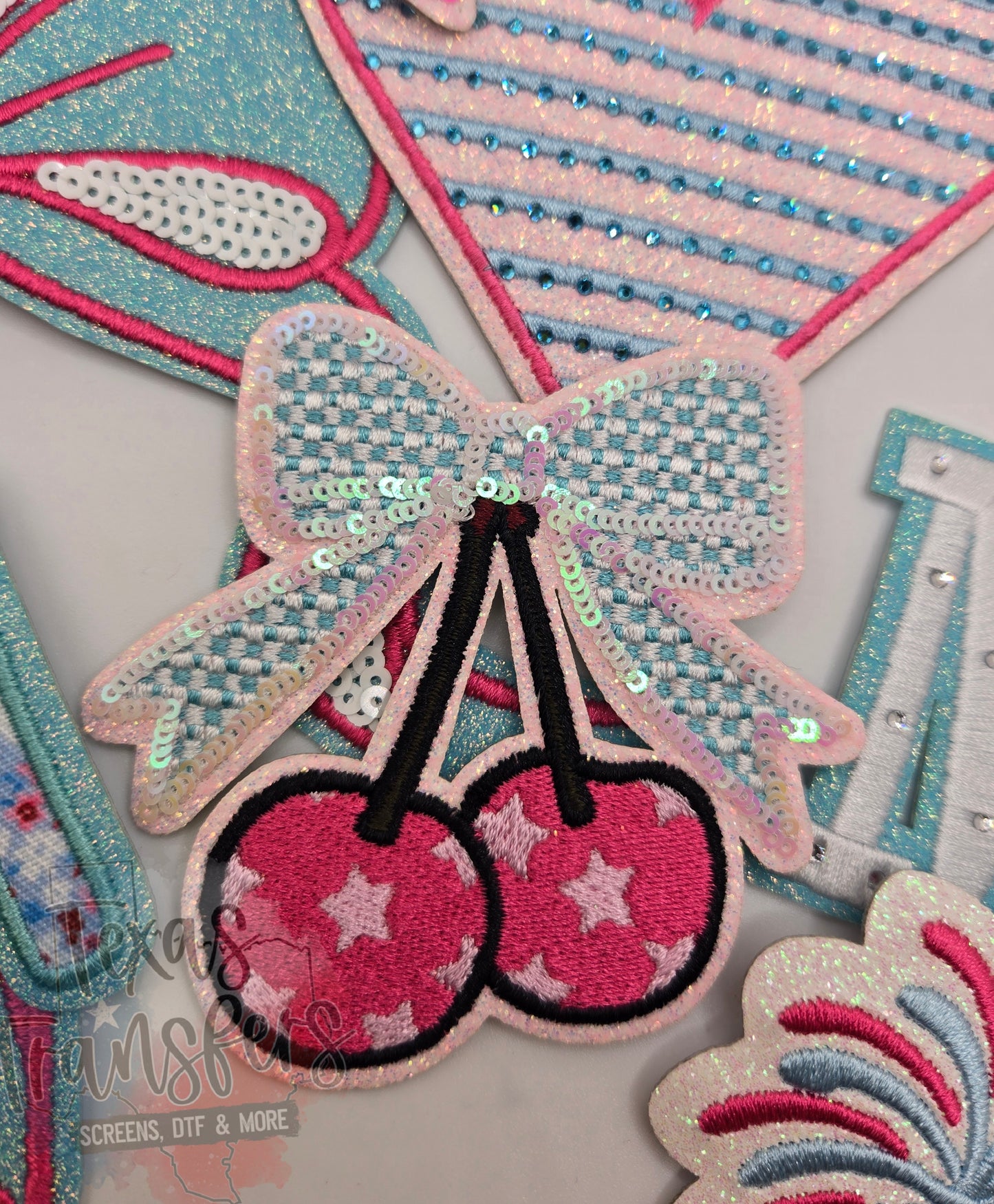 Micro Checker Sequin Glitter Cherry Bow Iron-On PATCH - Texas Transfers and Designs