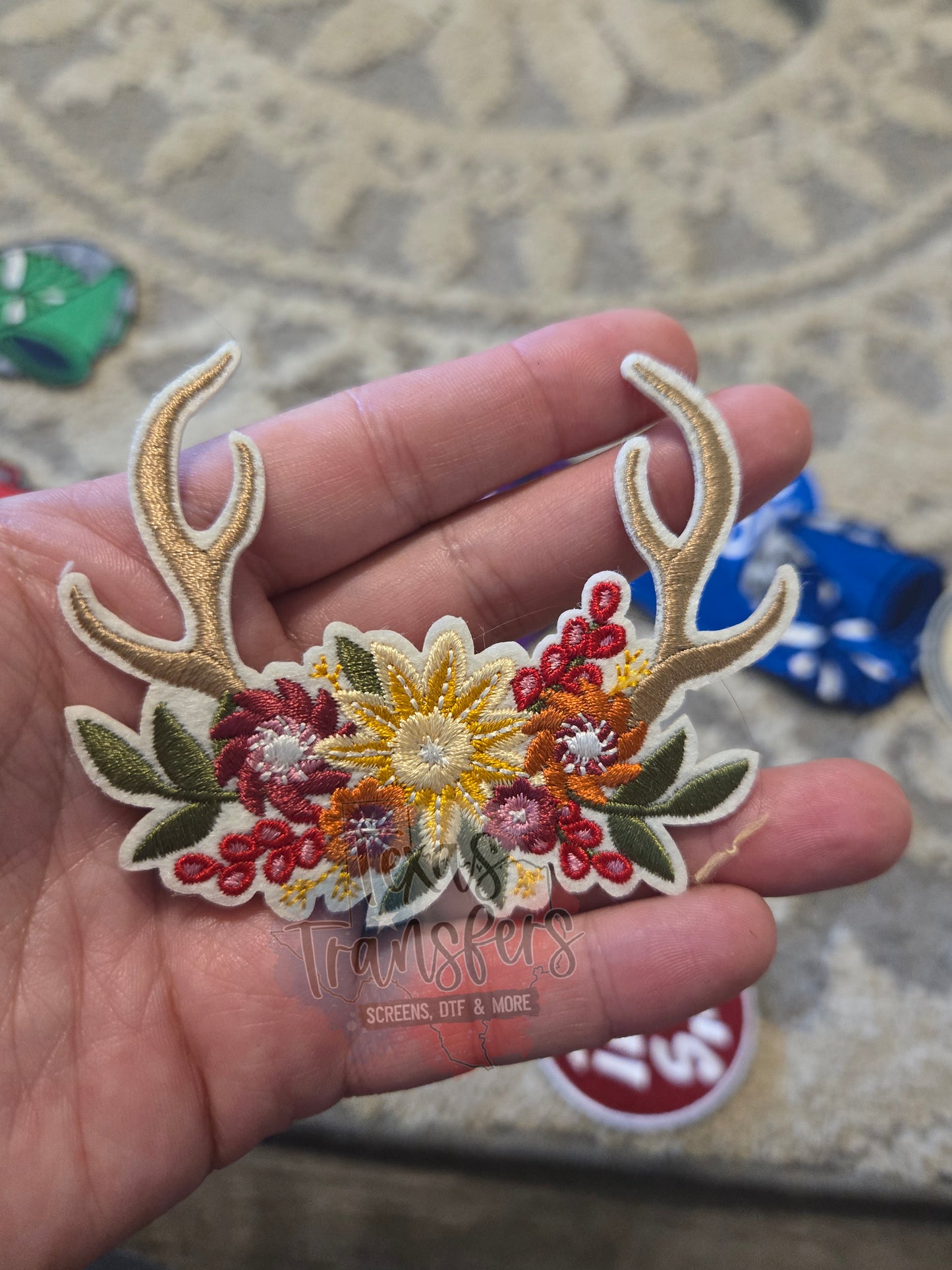 Deer Antlers Floral PATCH - Texas Transfers and Designs