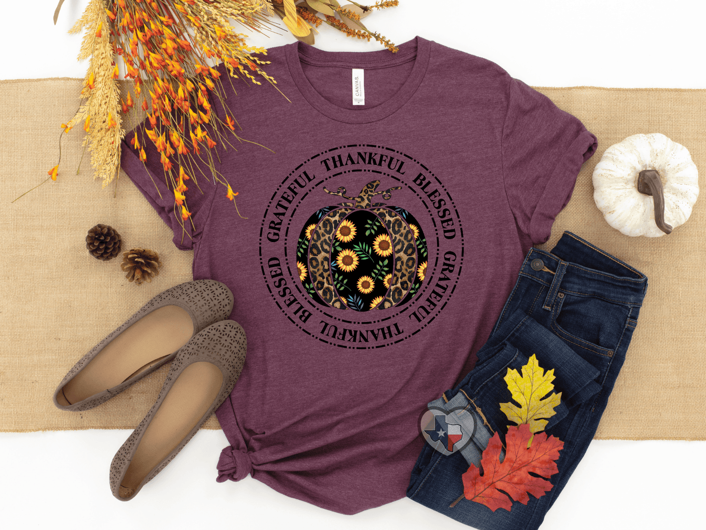 Grateful Thankful Blessed Pumpkin HIGH HEAT - Texas Transfers and Designs