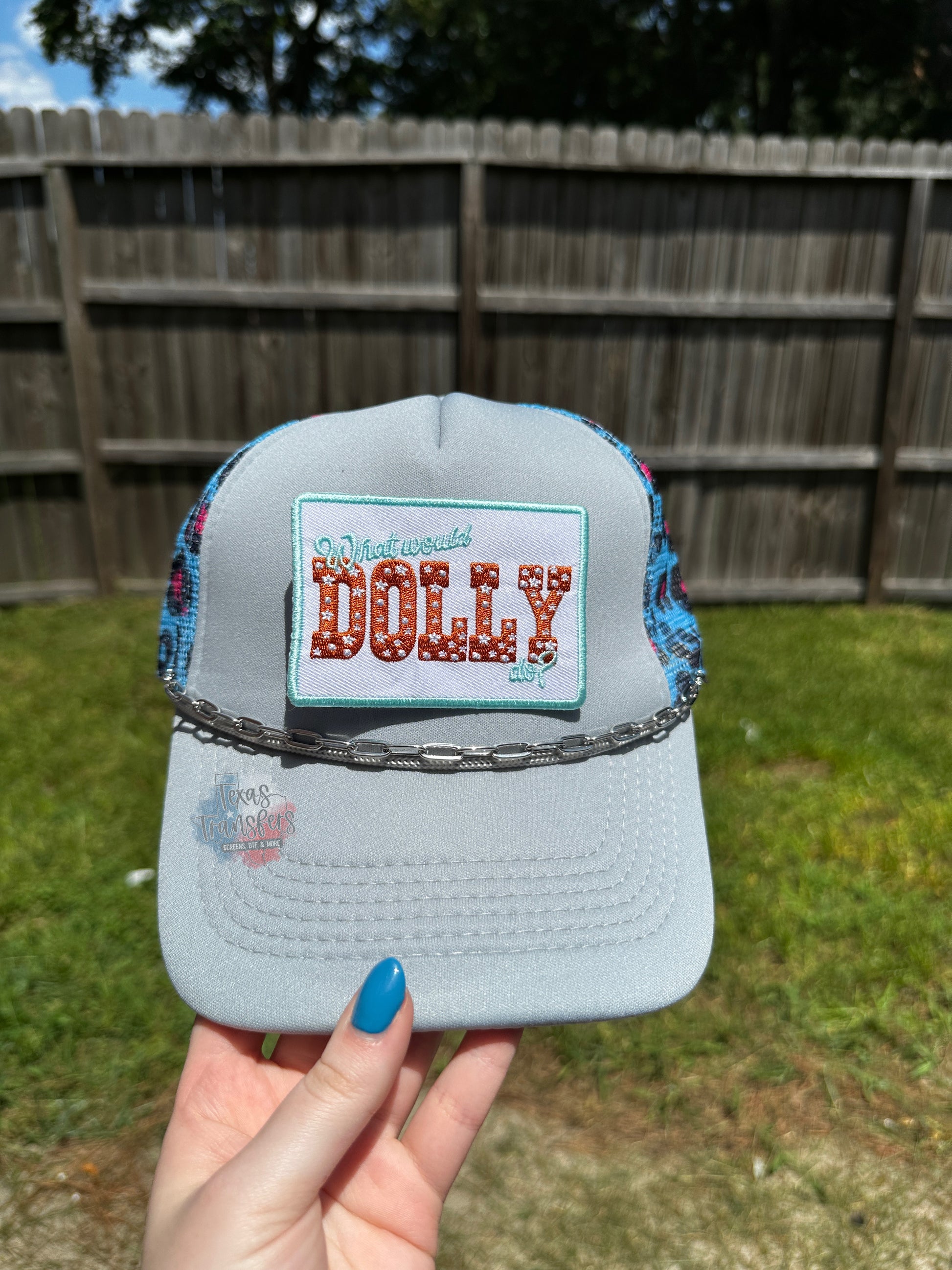 Silver/Blue Leopard Trucker Hat - Texas Transfers and Designs