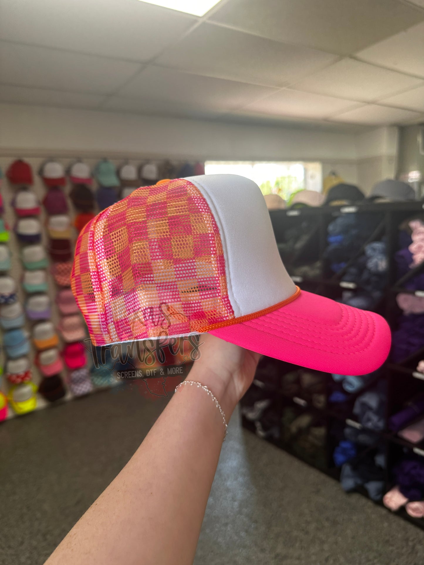 Pink/Orange Checker Back Trucker Hat (MULTIPLE OPTIONS) - Texas Transfers and Designs
