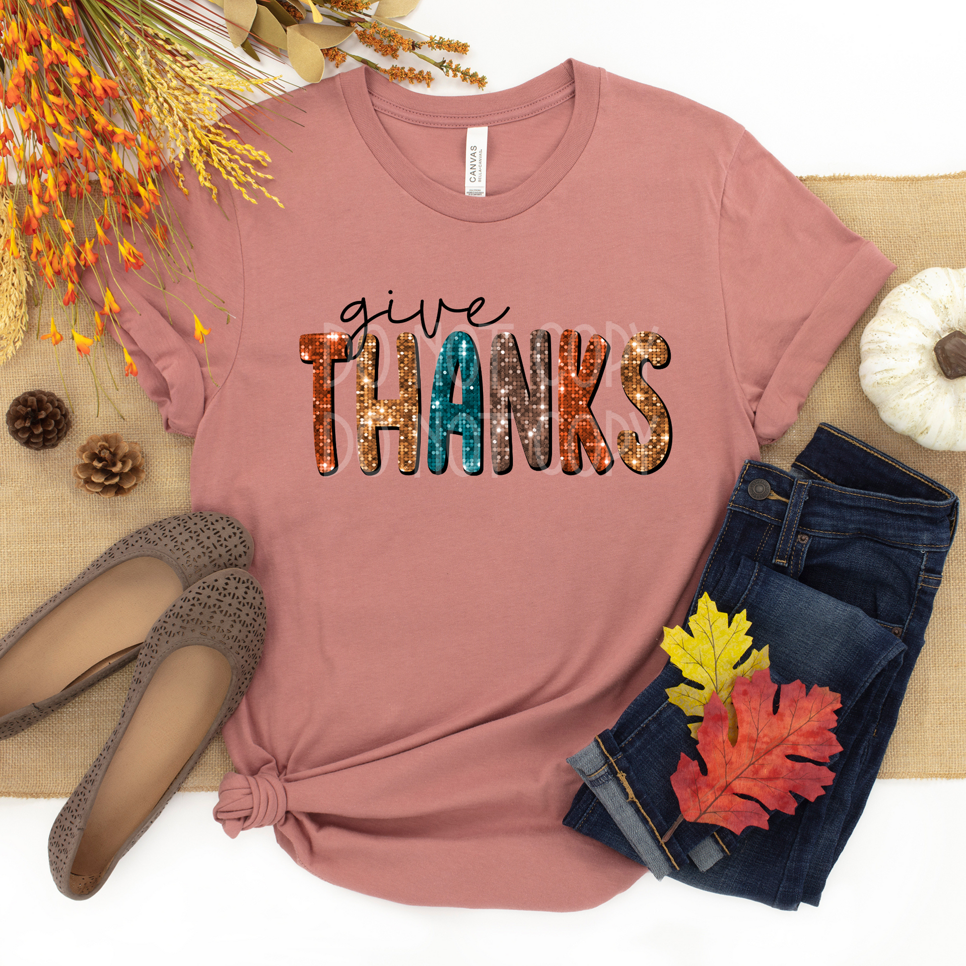 Give Thanks (faux sequins) DTF - Texas Transfers and Designs