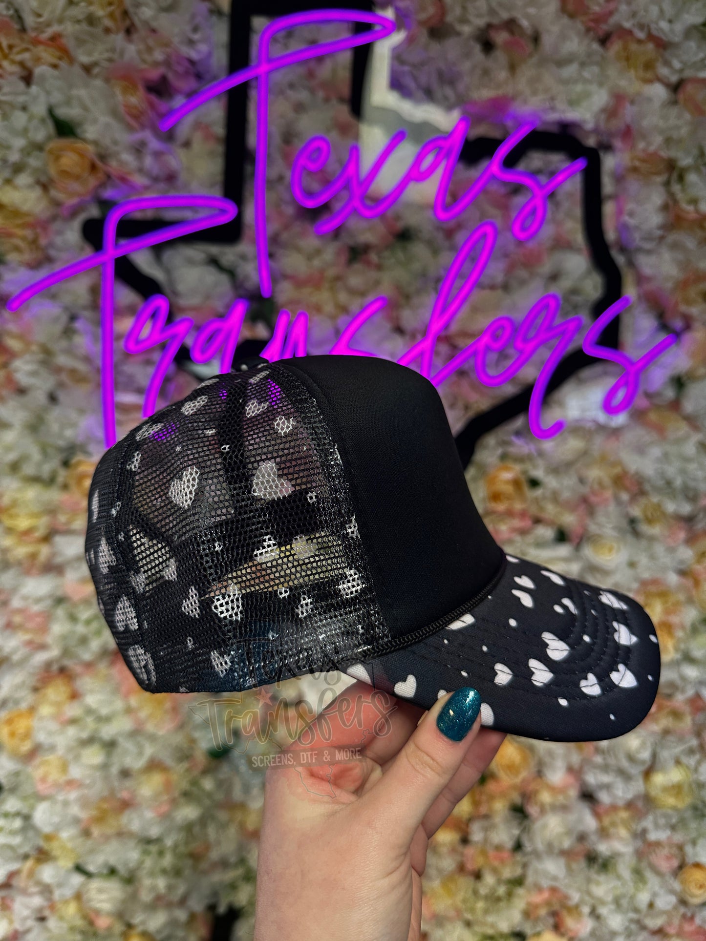 Black/Hearts Trucker Hat - Texas Transfers and Designs