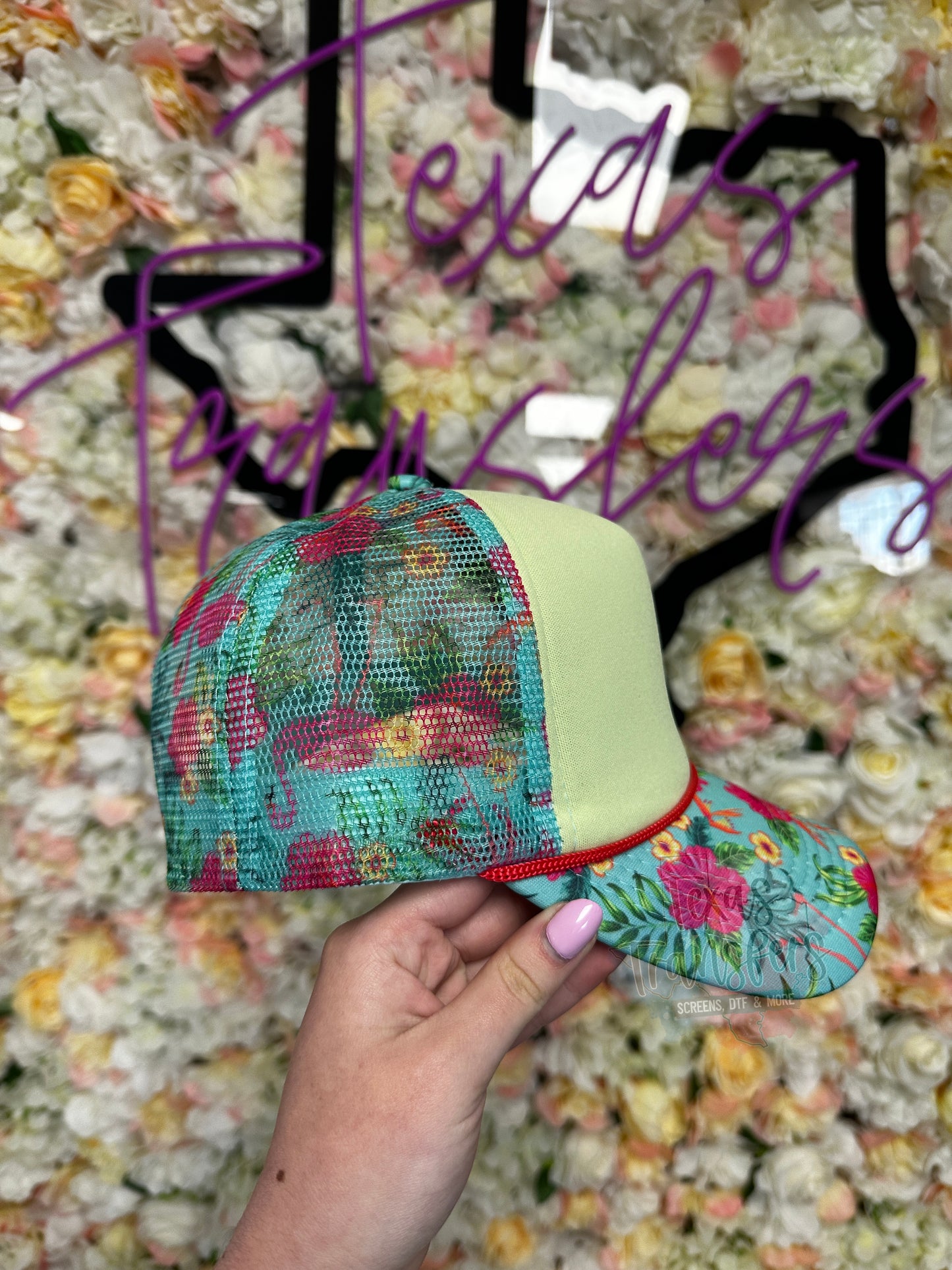 Flamingo/Green Trucker Hat - Texas Transfers and Designs