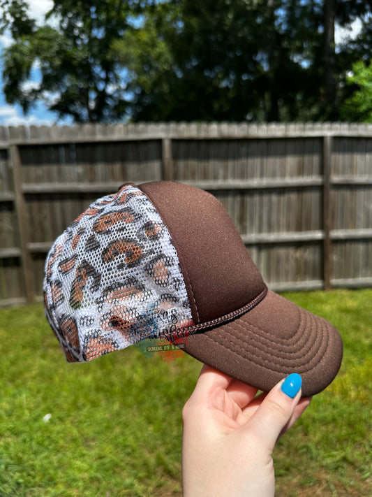Dark Chocolate Leopard Trucker Hat - Texas Transfers and Designs