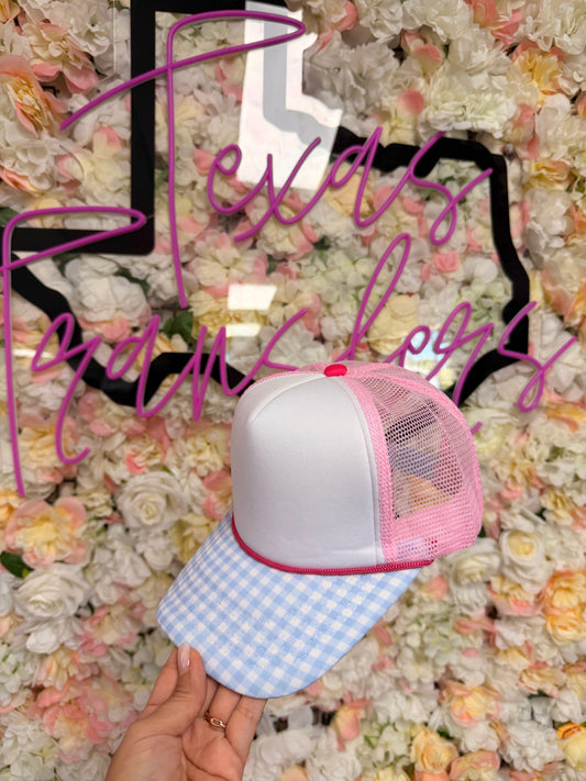 Light Blue Gingham Brim and Light Pink Mesh Trucker Hat