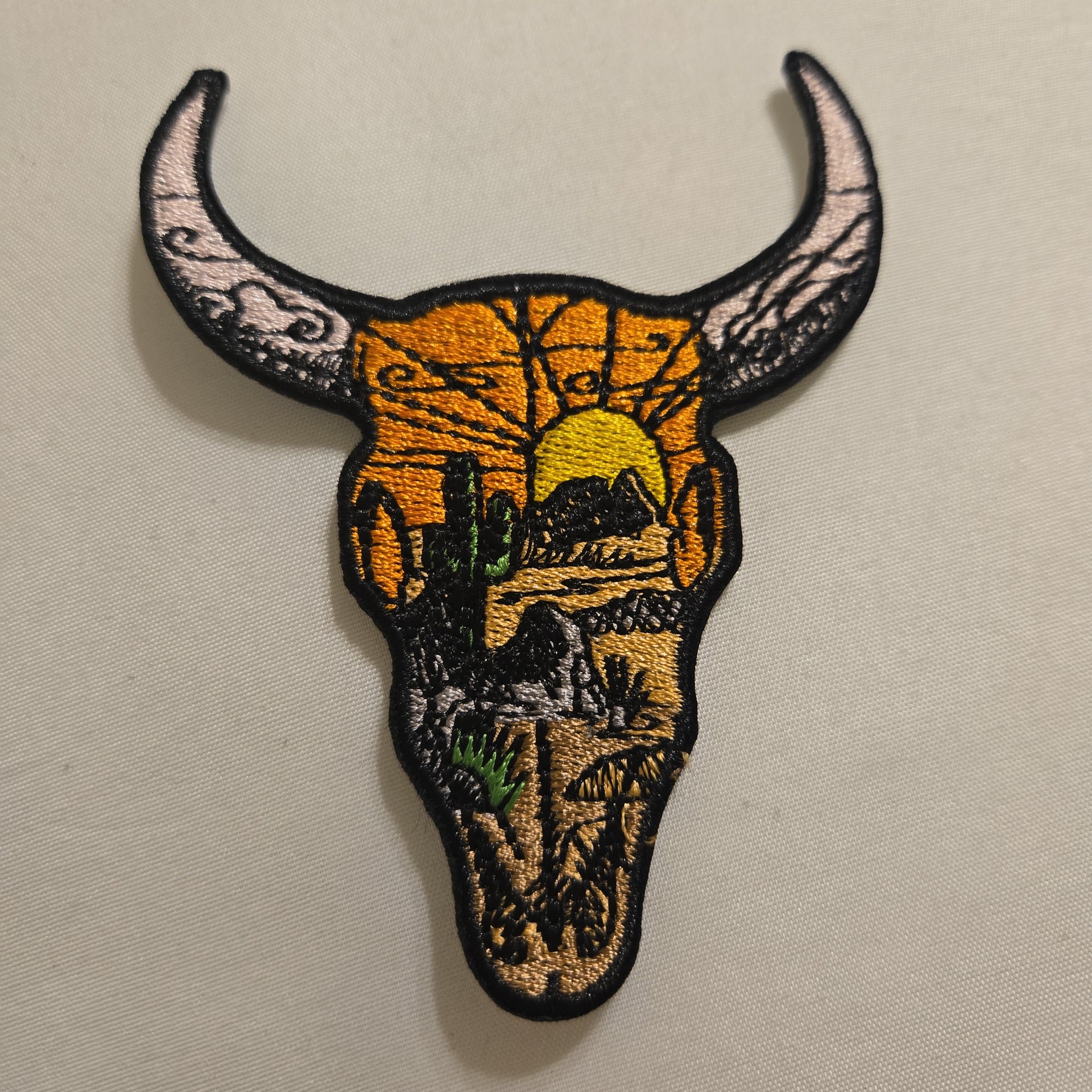 Sunset Bull Skull Iron-On PATCH - Texas Transfers and Designs